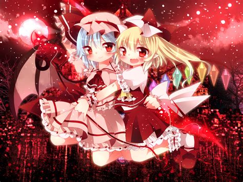 Safebooru 2girls Blonde Hair Blue Hair Blush Bow Clouds Dress Flandre Scarlet Hat Hug Moon