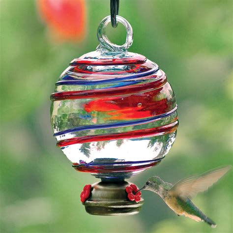 Blue And Red Stripe Dew Drop Glass Hummingbird Feeder Yard Envy