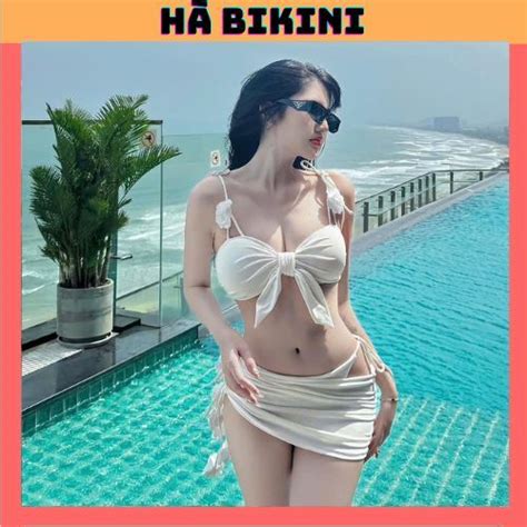 BKN set Bikini đi biển mảnh bra phối nơ VÁY DÂY BÔNG mẫu bikini gợi cảm HÀ BIKINI