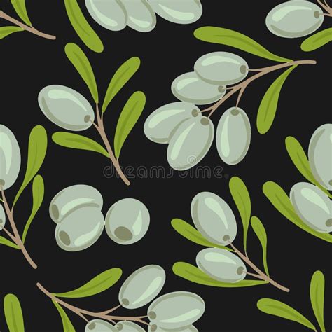 Vector Seamless Pattern With Green Olive Tree Branches On Black