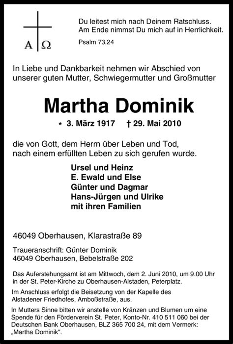 Traueranzeigen Von Martha Dominik Trauer In Nrw De