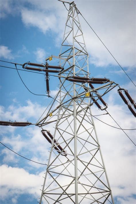 High Voltage Electric Pole With Wires Line Of Electricity