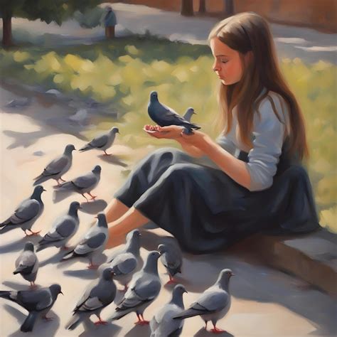 Premium Photo Oil Painting Girl Feeding Pigeons Teenager Bird Kindness