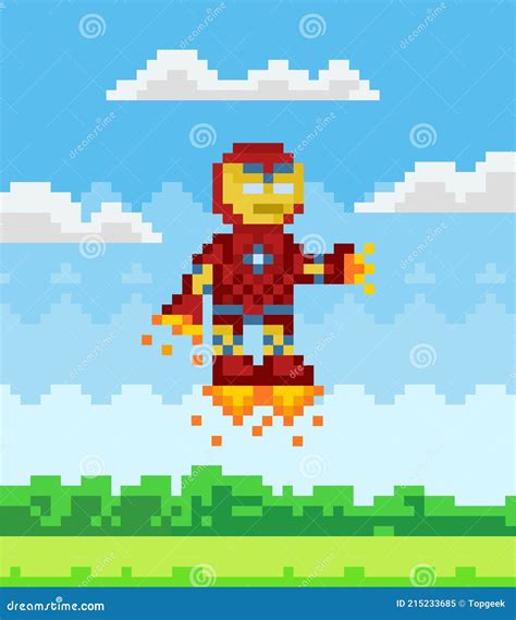 Flying Iron Man Near Mechanical Character In Armor Pixelated Cartoon