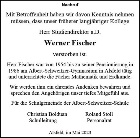 Traueranzeigen Von Werner Fischer Vrm Trauer De