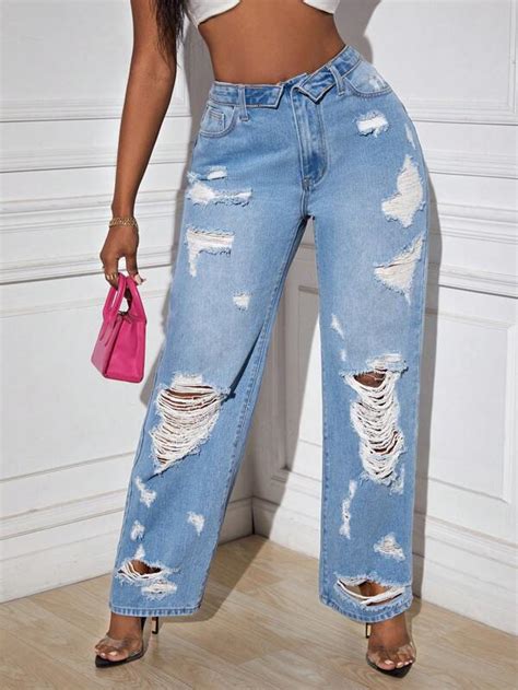 SHEIN SXY High Waist Ripped Straight Leg Jeans SHEIN USA