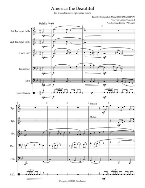 America The Beautiful For Brass Quintet Opt Snare Drum Arr Dan