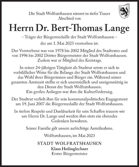 Traueranzeigen Von Bert Thomas Lange SZ Gedenken De