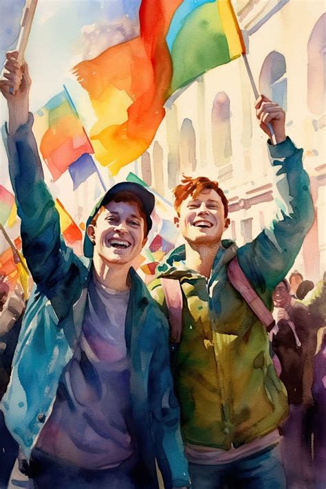 Pintura Aquarela De Dois Gays Felizes Bandeiras Lgbt No Desfile Gay Ilustra O Stock
