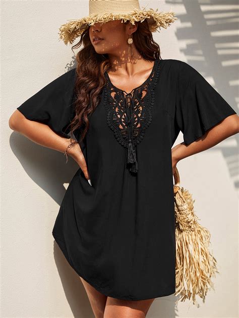 Shein Swim Bohofeel Plus Contrast Guipure Lace Butterfly Sleeve Tassel