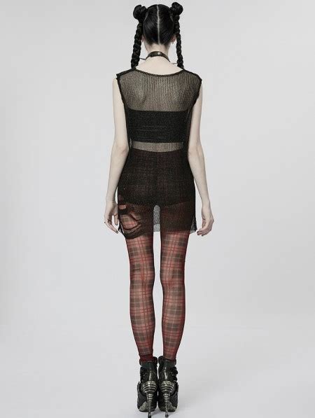 Punk Rave Black And Red Plaid Gothic Grunge Mesh Leggings For Women