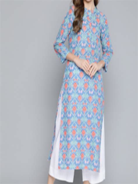 Buy Hereandnow Women Blue And Red Pure Cotton Ethnic Motifs Printed