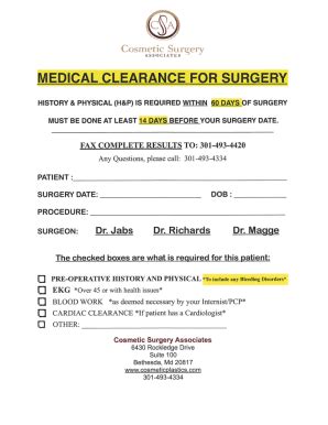 Form Cosmetic Surgery Associates Medical Clearance For