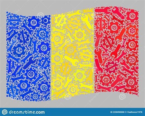 Waving Industrial Romania Flag Collage Of Cog And Spanner Wheels