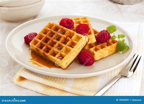 Fresh Belgian Waffles With Syrup And Raspberries Stock Image Image Of