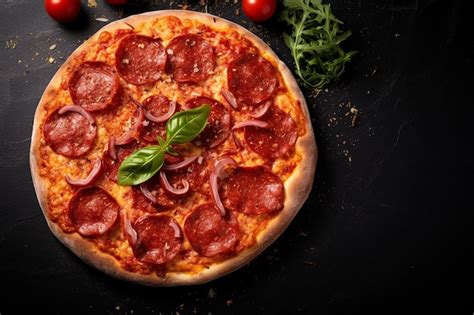 Premium Photo Pepperoni Pizza On A Black Plate With Fresh Basil Leaves As Garnish