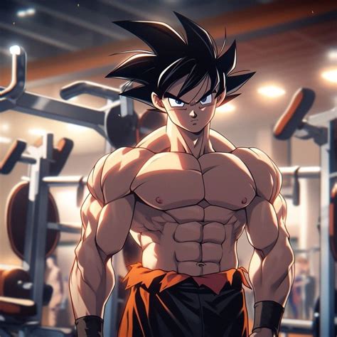 an anime character standing in front of a gym machine with his shirt off and no shirt on