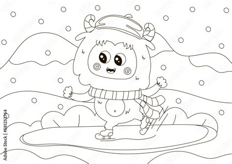 Funny Coloring Page With Cute Yeti Character Ice Skating Winter Themed