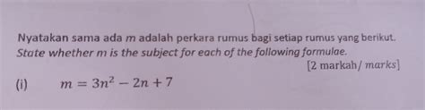 Solved Nyatakan Sama Ada M Adalah Perkara Rumus Bagi Setiap Algebra