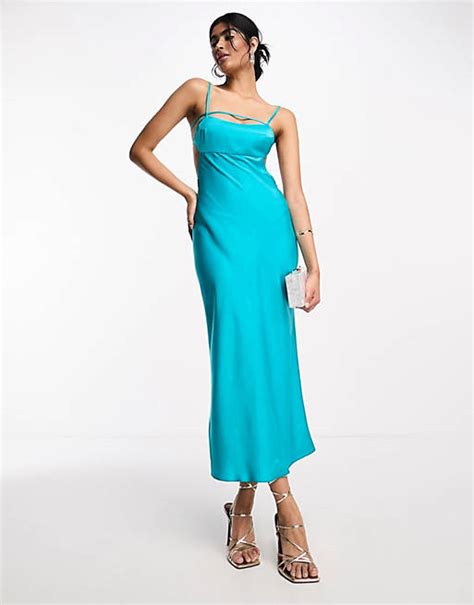 Asos Design Satin Elasticated Strappy Midi Dress With Open Back In Turquoise Asos