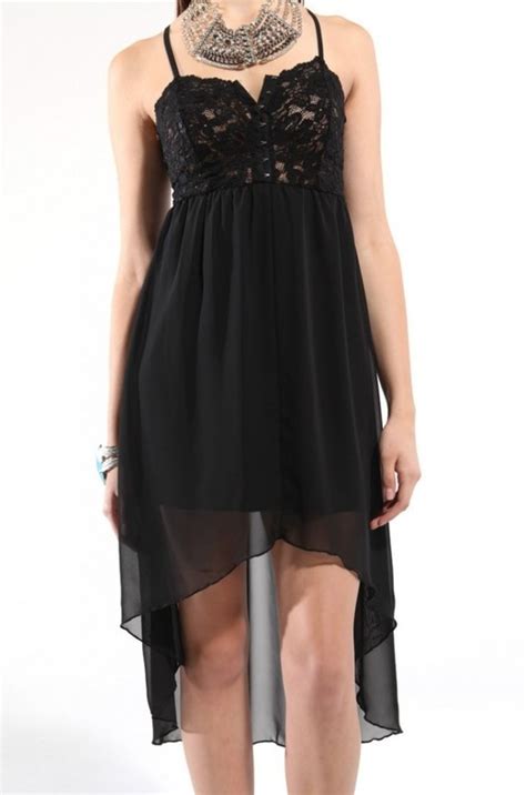 Lace Chiffon High Low Dress In Black Gloss Fashionista