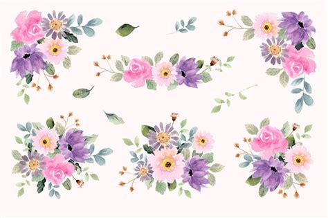 Premium Vector Purple Pink Watercolor Floral Bouquet Collection