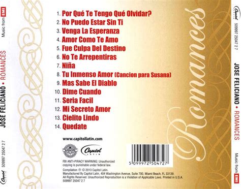 Car Tula Trasera De Jose Feliciano Romances Portada