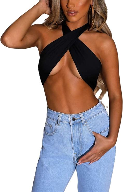 Nituyy Womens Sexy Criss Cross Halter Neck Cutout Crop Tops Tie