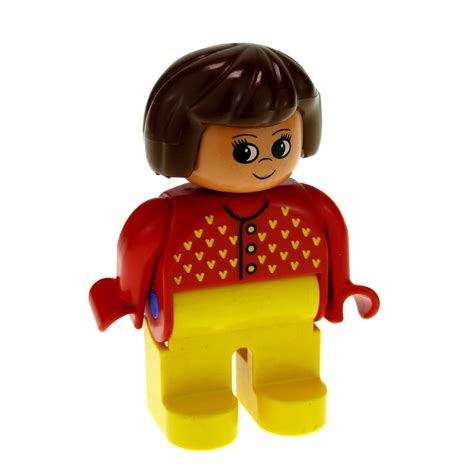 X Lego Duplo Figur Frau Gelb Jacke Rot Muster Haare Braun Pb