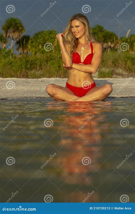 Lovely Blonde Bikini Model Posing Outdoors On A Caribbean Beach Stock Photo Image Of Gorgeous