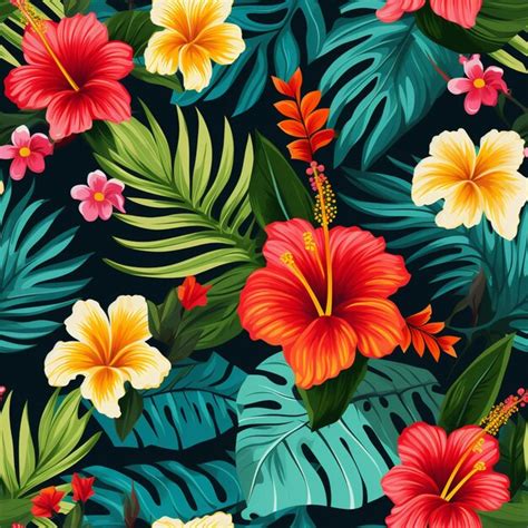 Premium AI Image Tropical Seamless Background With Hibise And Palm