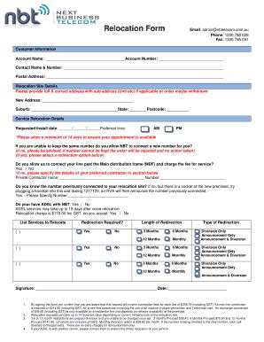 Fillable Online Relocation Form Nbtelecomcomau Fax Email Print