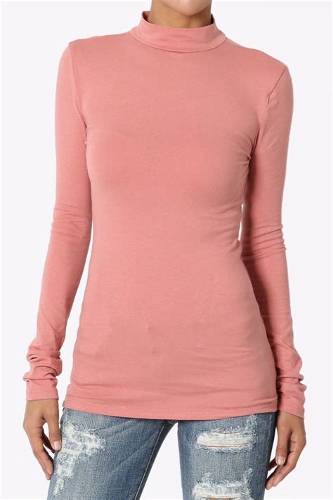 Dusty Pink Womens Long Sleeve Mock Neck T Shirt Winter T Shirts Turtleneck T Shirt Mock