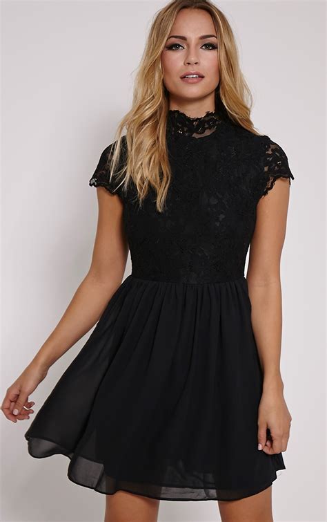 Ella Black High Neck Lace Skater Dress Prettylittlething