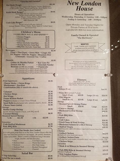 Menu at New London Steak House steakhouse, Forest