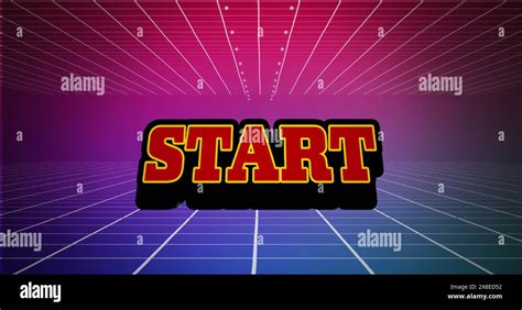 Bright Neon Lights Illuminating Start Sign On A Retro Grid Stock Photo