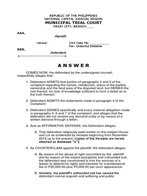 Answer To Unlawful Detainer Pdf Lawsuit Complaint