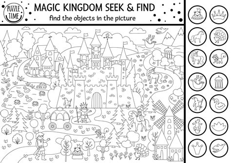 Vector black and white fairytale searching game with medieval castle landscape. Spot hidden ...