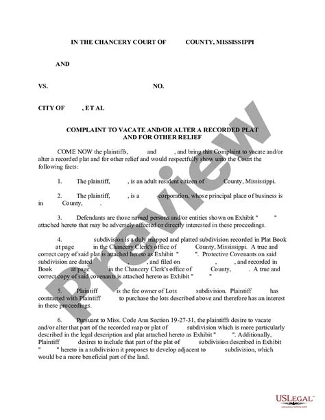 Mississippi Complaint To Vacate And Or Alter A Recorded Plat And For Other Relief Us Legal Forms