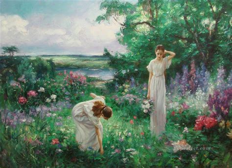 Two Girls Picking Flowers At Garden Painting In Oil For Sale