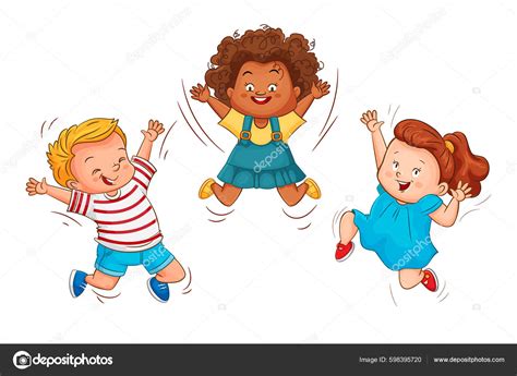 Children Jump Boy Girl Joyfully Wave Hands Bouncing Vector Flat Stock ...