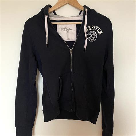 Abercrombie & Fitch Women's White and Navy Hoodie | Depop