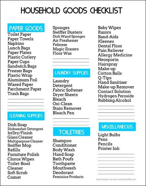 Household Supplies Shopping List Printable