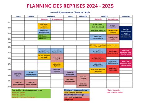 Planning Des Reprises 2023 2024 Centre équestre Poney Club Ozouer