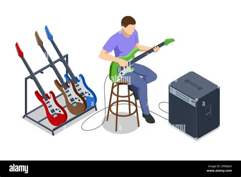 Isometric Realistic Electric Guitar Man Playing An Electric Guitar And