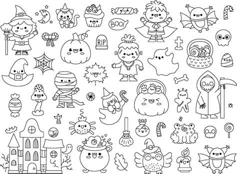 Vector black and white kawaii Halloween clipart set for kids. Cute line ...