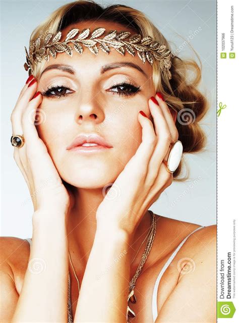 Young Blond Woman Dressed Like Ancient Greek Godess Gold Jewelr Stock