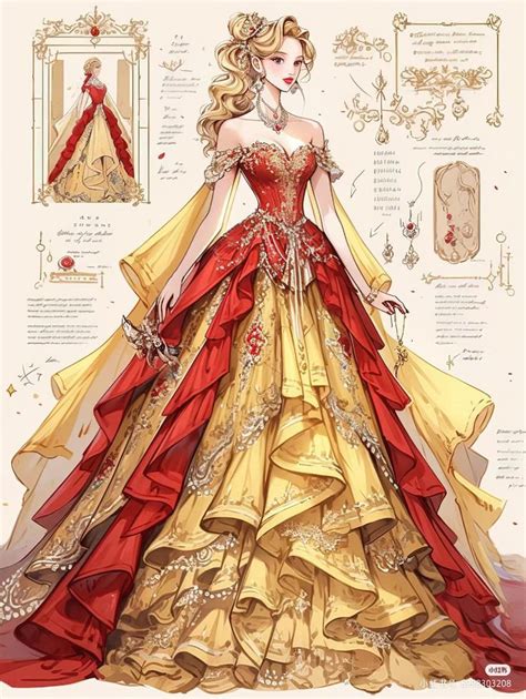 A Drawing Of A Woman In A Red And Yellow Dress With Gold Trimmings