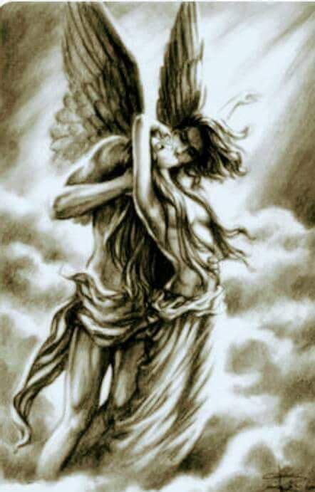 A Drawing Of An Angel With Wings Flying Through The Air Above Clouds