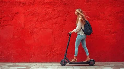 Woman Riding An Electric Scooter In Front Of A Red Wall Premium Ai